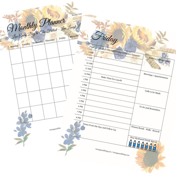 Sunflowers and Blue Floral Printable Planner Instant Download